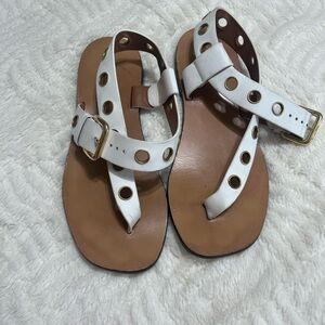 Celine White Leather Grommet Sandals 37.5 Flat Ankle Strap Made in Italy